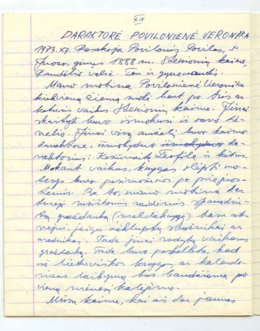 Prisiminimų apie daraktorę Veroniką Povilionienę (juos papasakojo sūnus Povilas Povilonis) fragmentas. Pandėlio gimnazijos archyvo nuotr.