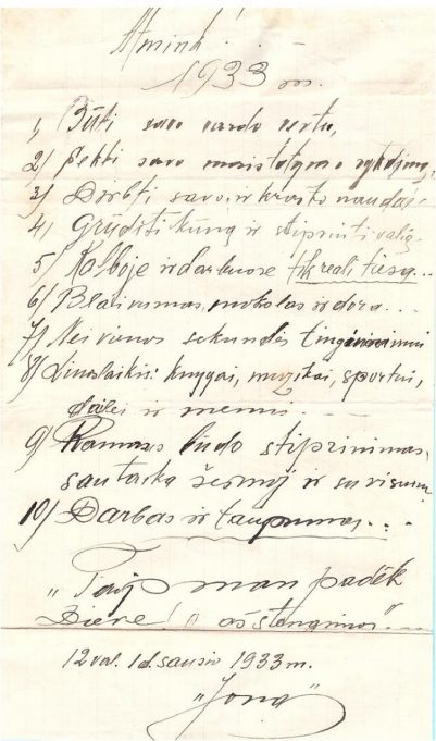 Pirmąją 1933-iųjų metų dieną Jono Mieliūno surašyti katalikiškos dorovės principai. 