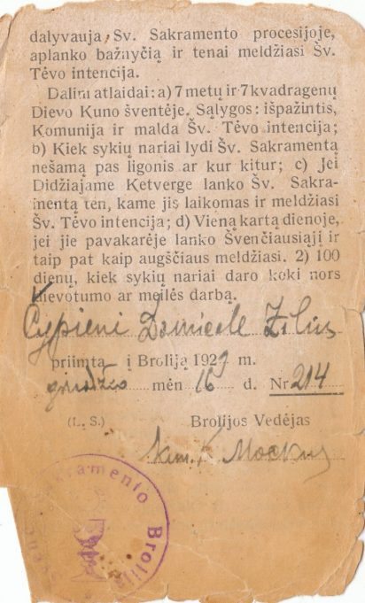 Domicelė Čypienė buvo priimta į Švenčiausio sakramento broliją 1929 m. gruodį. 