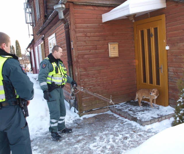 Policijos pareigūnai Romas Navikas (kairėje) ir Henrikas Siniauskas bandė pagaliu nuo durų nuvyti šunį.